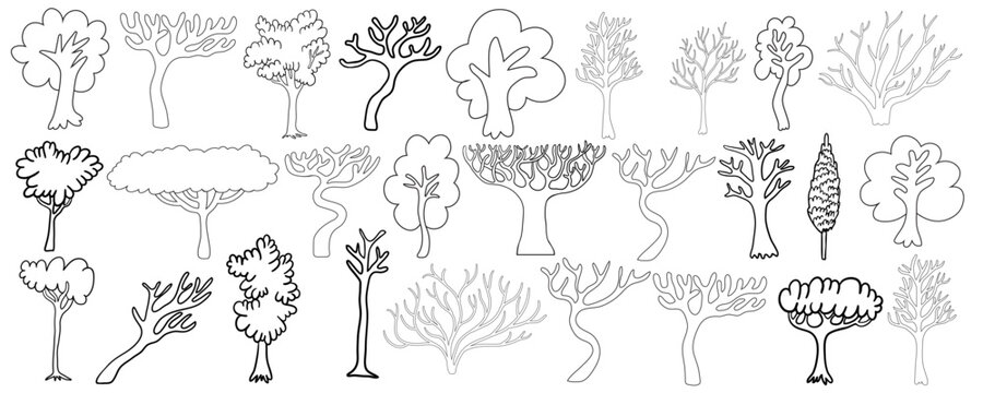 trees collection in a simple minimalist style in vector. Template for design, logo, print, icon. object in line art style for landscape, coloring