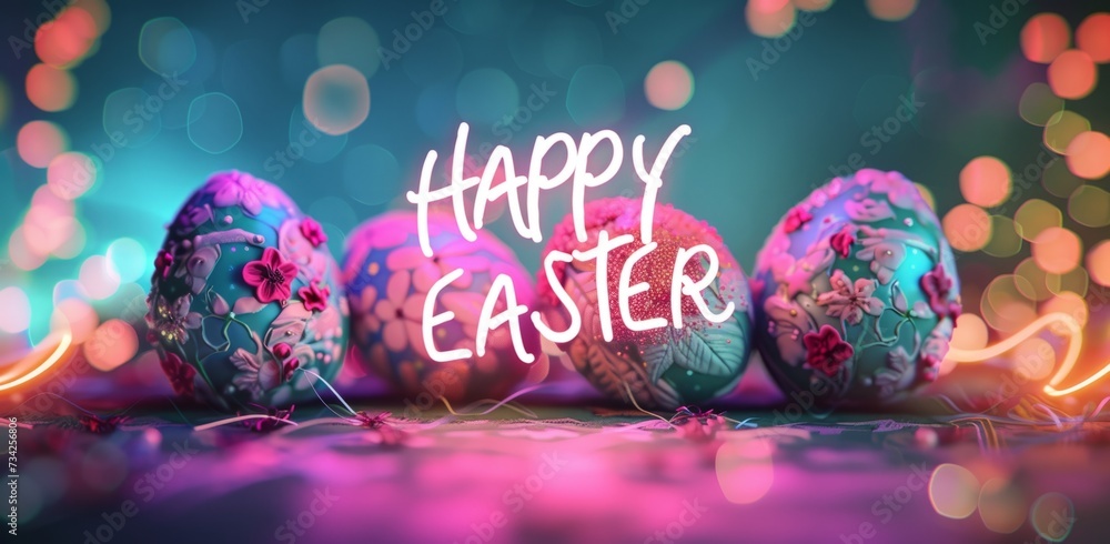 Poster happy easter neon text with colorful eggs in the style of happycore dark pink and light azure genera