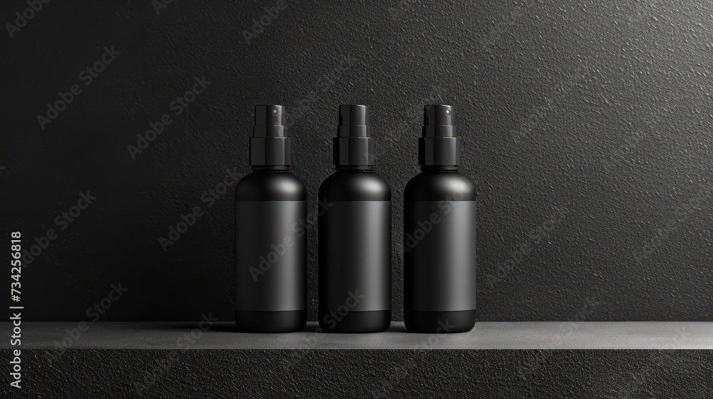 Poster a group of three black bottles sitting on top of a wooden table next to each other on top of a shelf