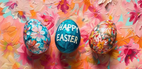 three colorful easter eggs with the words happy easter Generative AI - Powered by Adobe