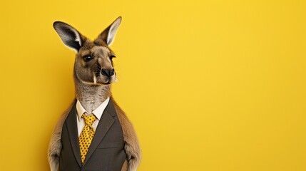 a Kangaroo wearing a suit with a tie on a plain yellow background on the left side of the image and the right side blank for text