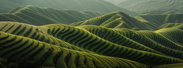 Expansive green tea plantations create undulating patterns across a hilly landscape, presenting a serene and cultivated natural environment.