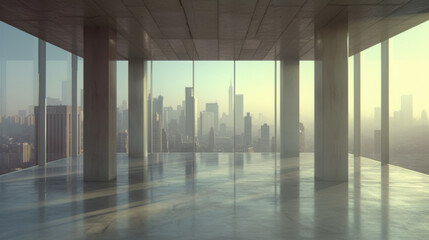 interior view from a modern office, with a clear sightline through large floor-to-ceiling windows that offer a panoramic view of a city skyline in a soft, diffused light
