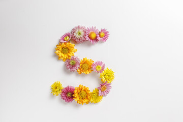 Letter S made of real natural flowers.