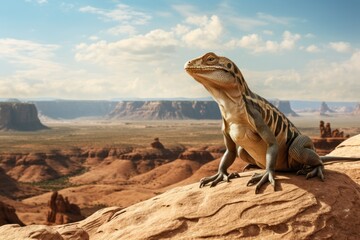 Close-up view of a lizard and landscape of American’s Wild West with desert sandstones.