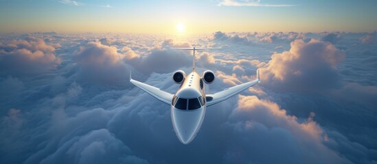 Luxury private jet flying high above the clouds. Exclusive air transportation
