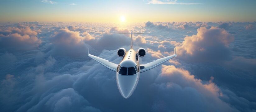 Luxury private jet flying high above the clouds. Exclusive air transportation