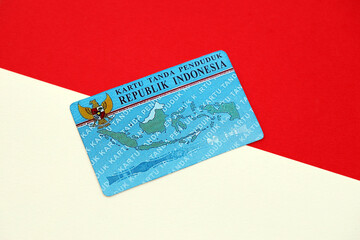 Fototapeta na wymiar Indonesian national electric identity card called E-KTP or Kartu Tanda Penduduk. Card for citizens or permanent residents