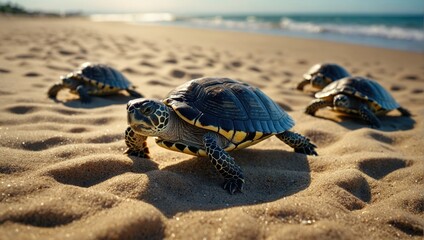  tiny turtle hatchlings crawling across the sandy beach, heading towards the ocean under the watchful eye of their mother