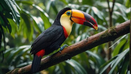 Naklejka premium Toucan tropical bird sitting on a tree branch in natural wildlife environment in rainforest jungle