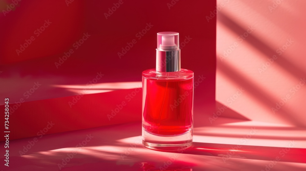 Poster a bottle of red liquid sitting on top of a red table next to a red wall with a shadow on it.