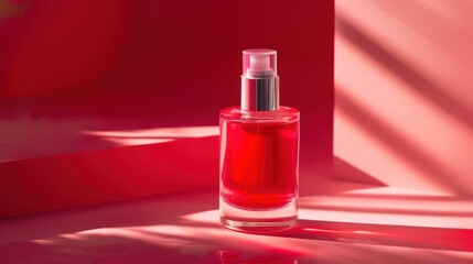  a bottle of red liquid sitting on top of a red table next to a red wall with a shadow on it.