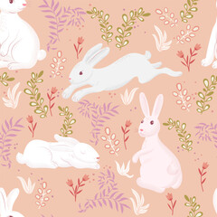 Seamless pattern with cartoon bunnies or rabbits. Running hare, sitting, sleeping. Watercolor. Printing on children's T-shirts, greeting cards, posters. Hand drawn vector 