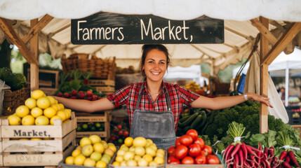 vibrant photo of a female vendor at a farmers market, standing behind a stall filled with fresh produce.