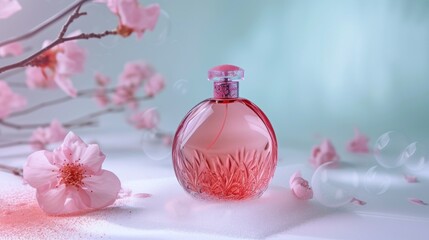 Obraz na płótnie Canvas a bottle of pink perfume sitting next to a branch of pink flowers on a light blue background with pink petals.