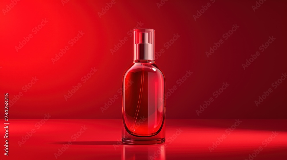 Poster a glass bottle with a red liquid inside of it on a red surface with a reflection of the bottle on th
