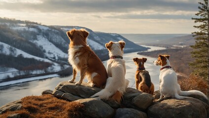 dogs on rock perch on a snow-covered hill with river, a Nova Scotia Duck Tolling Retriever and a Jack Russell Terrier look into the distance, Their poised stances and the serene woods, sunset