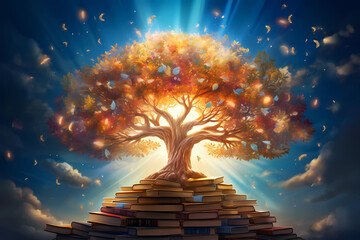 open book with glowing lights tree, education concept