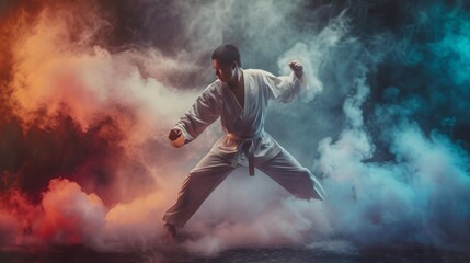 Fototapeta na wymiar Martial arts masters on dark smoke background
