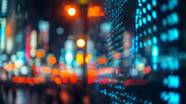 blurred view of a cityscape at night, showcasing the vibrant bokeh effect of city lights and possibly a digital stock market display.