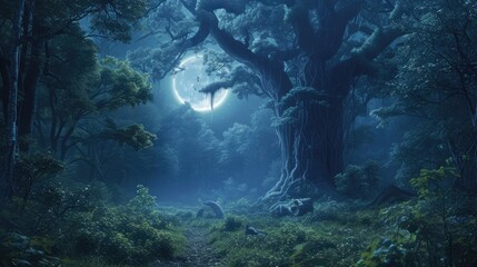 A captivating digital artwork of an enchanted forest bathed in moonlight, with magical glows and...