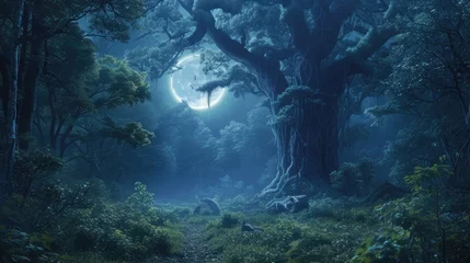 Tuinposter A captivating digital artwork of an enchanted forest bathed in moonlight, with magical glows and sparkling light among ancient trees. Resplendent. © Summit Art Creations