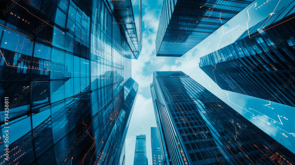 Aufkleber skyscrapers with superimposed graphs and numerical data, illustrating a concept of the business dist