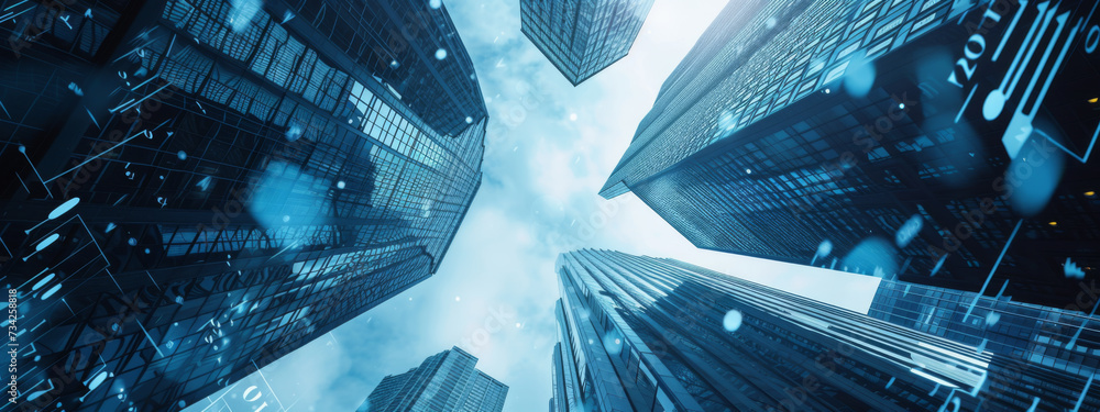 Aufkleber skyscrapers with superimposed graphs and numerical data, illustrating a concept of the business dist