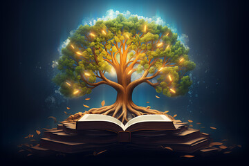 open book with glowing lights tree, knowledge is power