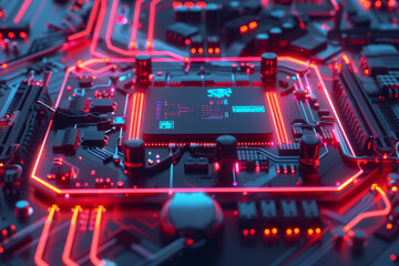 Fototapeta na wymiar Placa de circuito con iluminación LED roja y núcleo de procesador (Generative AI)
