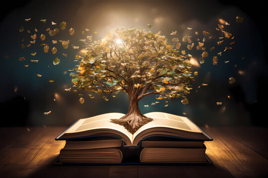 open book with glowing lights tree