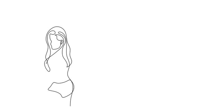 Continuous line beautiful woman line art illustration. 4k stock video of a developing with alpha channel.