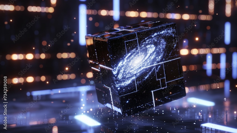 Poster futuristic cube with glowing lines on dark background