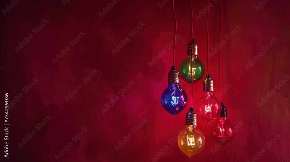 Poster a group of multicolored light bulbs hanging from a ceiling in a room with a red wall in the backgrou