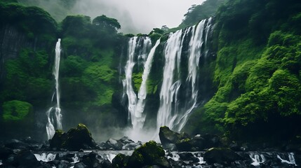 a majestic waterfall cascading down rugged rocks, surrounded by lush greenery and mist rising into the air, creating a scene of natural wonder.
