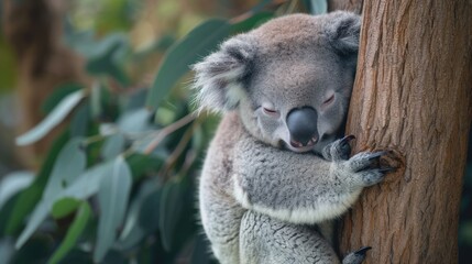 Fototapeta premium a koala sitting on top of a tree with its head on a tree branch and it's eyes closed.