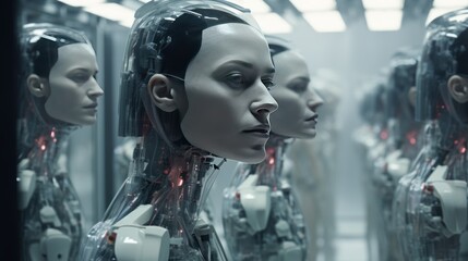 Close-up of a human-shaped robot with mechanic structure and futuristic look.