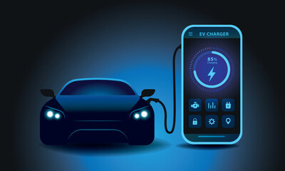 Electric car and Smart app. EV charger station application on mobile phone. Eps 10 file
