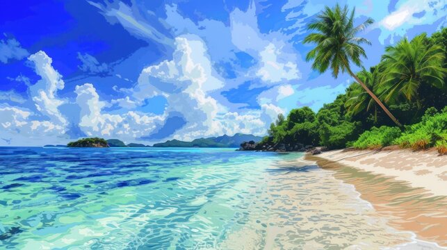  a painting of a tropical beach with palm trees and a blue sky with white clouds and blue water and white sand.