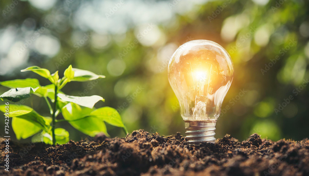 Wall mural lightbulb tree with sunlight on soil. concept save world and energy power