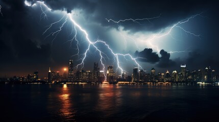 City building with bright lightning strike in a thunderstorm at night.