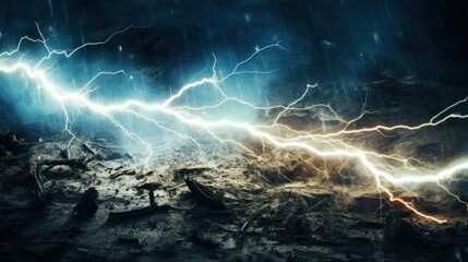 Extremely close-up view of a bright lightning strike in a thunderstorm onto ground at night. - obrazy, fototapety, plakaty