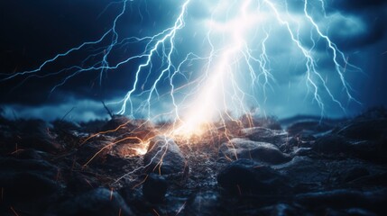Close-up view of a bright lightning strike on ground in a thunderstorm at night. - obrazy, fototapety, plakaty