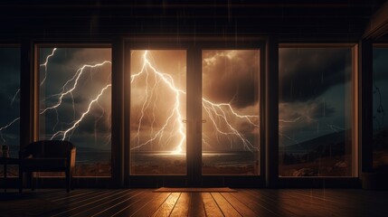 View from a large window a thunder storm with a bright lightning strike at night.