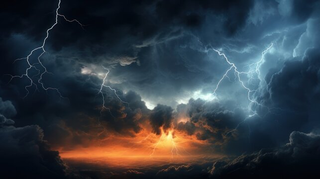 Bright lightning strike in a thunderstorm at night.