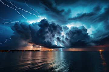 Bright lightning strike over sea in a thunderstorm at night.