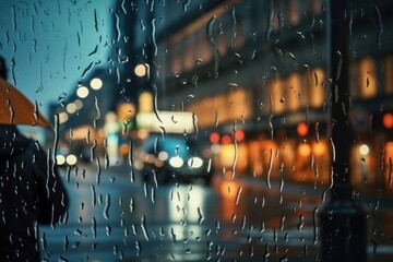 Busy city street view with heavy rain.