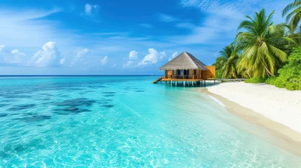 Foto op Canvas  a beach with a hut in the middle of the water and palm trees on the other side of the water. © Olga