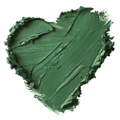 A green lipstick sample creatively presented in a heart shape combining style and sophistication. Lipstick sample in innovative design on white background.