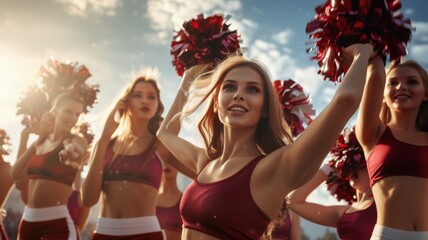 Cheerleading team cheering with red pompoms, teamwork and school spirit on display